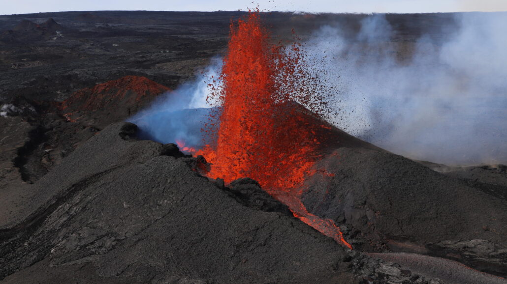 Aerial image of fissure 3 erupting on the Northeast Rift Zone of Mauna Loa on December 8, 2022.