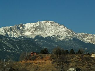 A view of snow-capped Pike's Peak in Colorado.