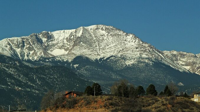 A view of snow-capped Pike's Peak in Colorado.