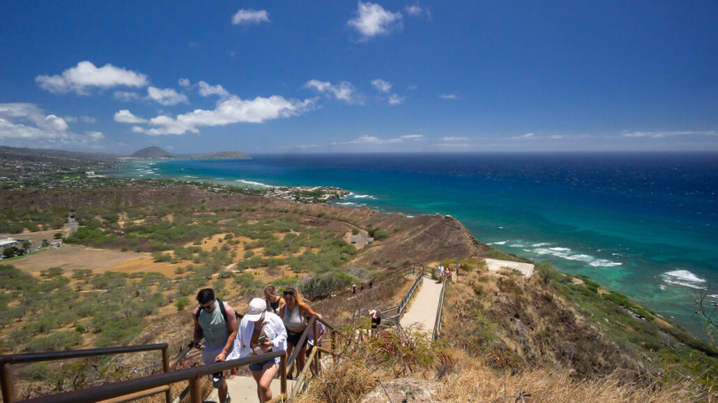 Tourists work their way to the summit of Diamond Head on Oahu.