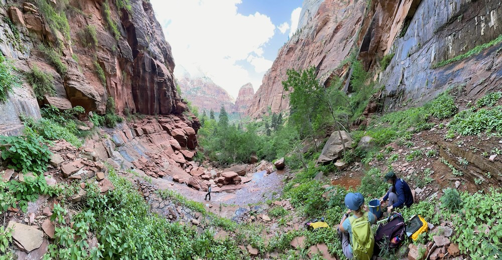 Katie Willi, Scientists in Parks intern Rose Weisgerber and Zion National Park water system operator Matt MacKay collect samples at a spring water source in Zion National Park that emerges from the Navajo Sandstone into a hanging garden.