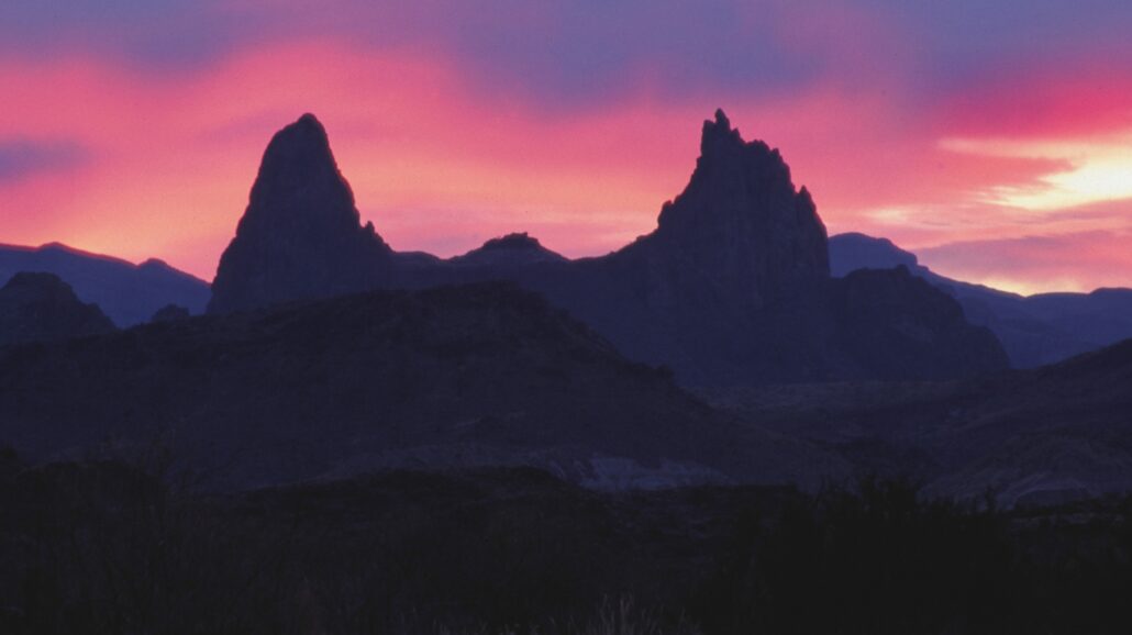 Mule Ears at sunset, Big Bend National Park, Texas, USA.