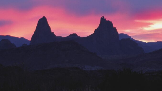 Mule Ears at sunset, Big Bend National Park, Texas, USA.